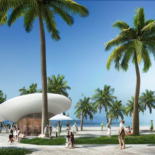 Image similar to architectural renderings, a seaside visitor center consisting of three mushroom - shaped buildings on the blue sea with tall coconut trees ， detailed