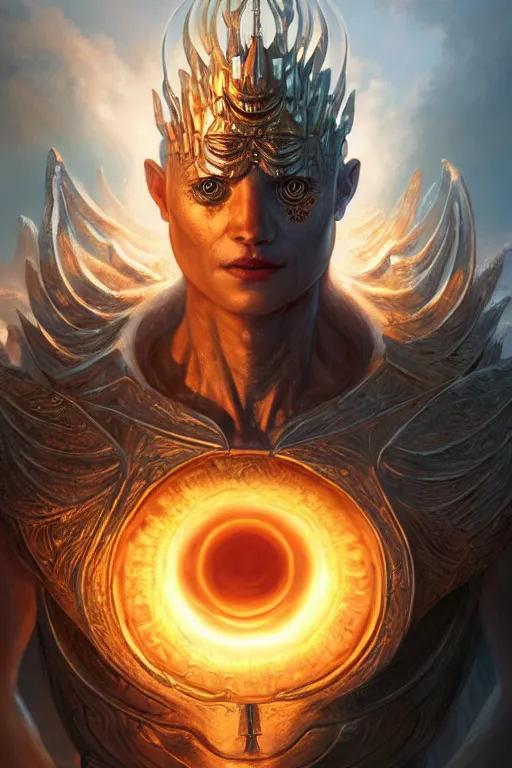 Image similar to humanoid god of the sun, highly detailed, d & d, fantasy, hyper detailed, digital painting, trending on artstation, apollo, concept art, sharp focus, illustration, art by artgerm and magali villeneuve and greg rutkowski and michael whelan, cryengine, 8 k realistic atmospheric lighting, frostbite 3 engine