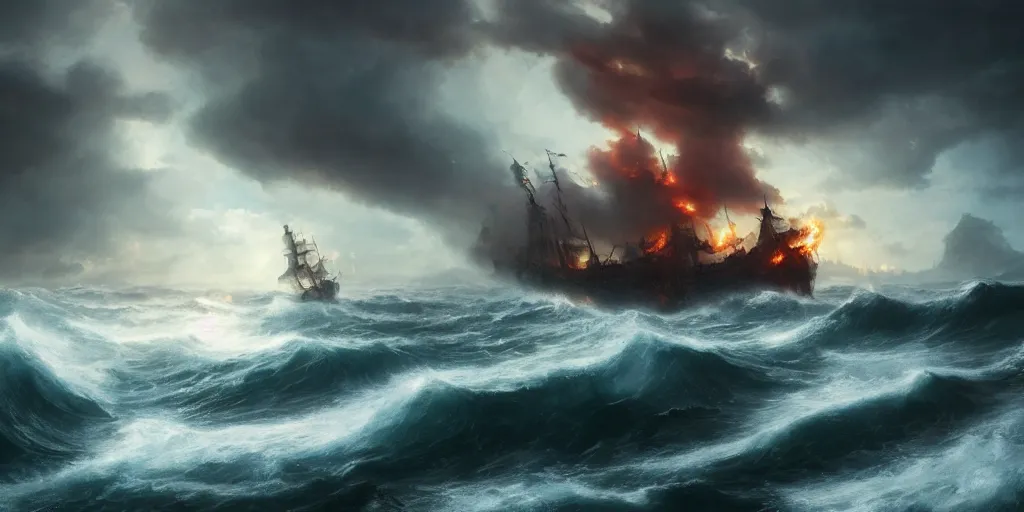 Image similar to photo of 8k ultra realistic ghost pirate ship on fire, swirling clouds and dramatic lighting, crashing waves, storm, lighting, full of colour, cinematic lighting, battered, trending on artstation, 4k, hyperrealistic, focused, extreme details,unreal engine 5, cinematic, masterpiece, art by Peter Mohrbacher