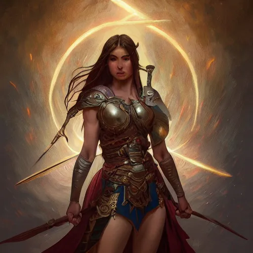 Image similar to portrait of a female warrior surrounded by energy, magic and lightning, epic, fantasy, D&D, intricate, upper body, highly detailed, digital painting, artstation, concept art, sharp focus, cinematic lighting, illustration, art by artgerm and greg rutkowski, alphonse mucha, cgsociety