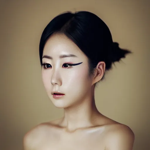 Image similar to photo portrait of beautiful Japanese women with perfect eyes and simetrical face, she have delicate traditional make up, feather in hand, cinematic light, shot by best Japanese portrait photographer 8k