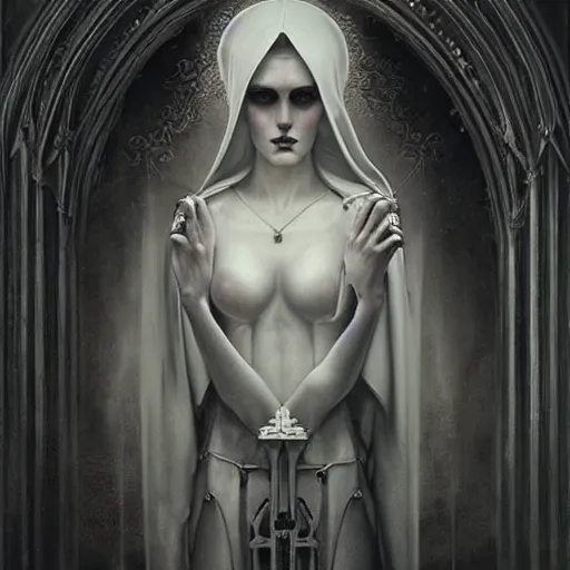 Image similar to By Tom Bagshaw, ultra realist soft painting of a gothic crypt by night, Kawai female nun and dressed, horror, omnious sky, symmetry accurate features, very intricate details, black and white, volumetric light clouds