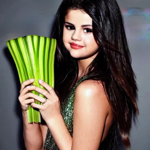 Image similar to selena gomez with celery body, celery hands, celery hair