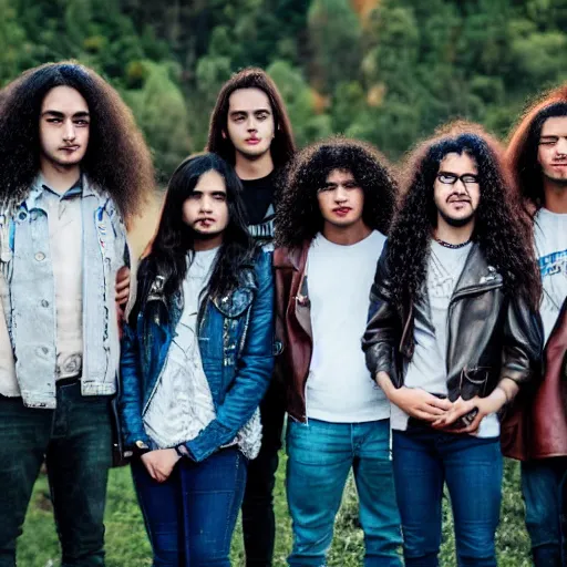 Image similar to Group of ethnically diverse 19-year-old boys and girls with long permed wavy brown hair and afros leather jacket and denim jeans, holding electric guitars, 2022, stoner rock, heavy rock, HD photography