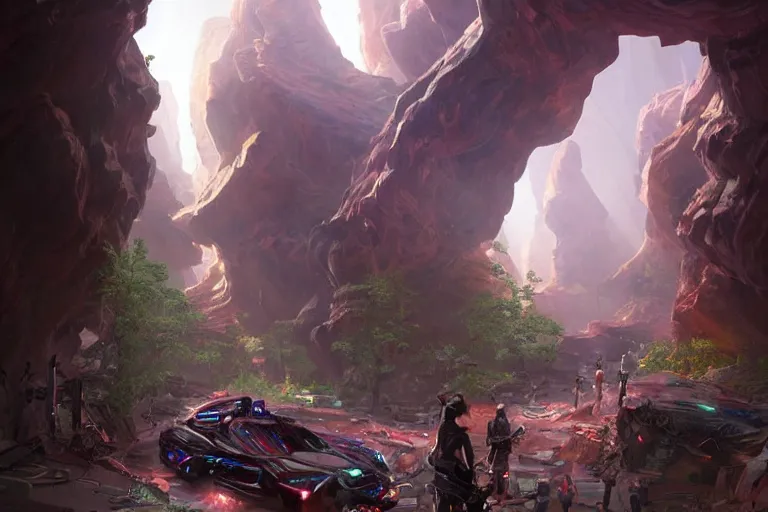 Image similar to futuristic cyberpunk city with lush garden located on rgb Antelope canyon, rocks formed by water erosion, beautiful smooth sandstone in unique shapes with light beams that shine through its walls, polish narrow slots of walls into a striated swirling finish, digital painting, concept art, smooth, sharp focus, from Star Trek 2021, illustration, by WLOP and Ruan Jia and Mandy Jurgens and William-Adolphe Bouguereau, Artgerm