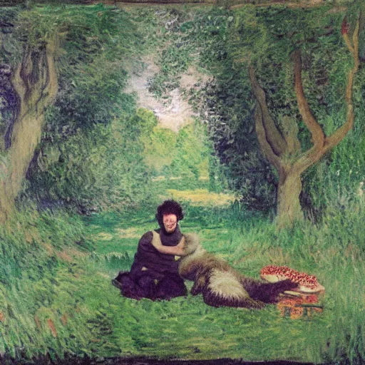 Image similar to “ a masterpiece painting of jon snow and a sloth having a picnic in central park by monet, ultra detailed, hd ”