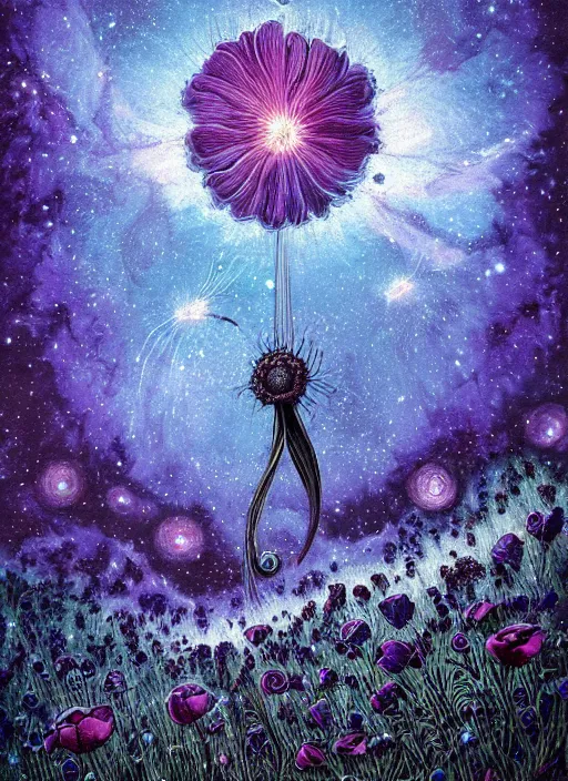 Image similar to detailed, intricate blue black and purple papaverum flower on the field, nebula, galaxy in the sky, winning award masterpiece, fantastically beautiful, illustration, aestheticly inspired dan mumford, upscale with anguissola sofonisba work, artstation, 8 k