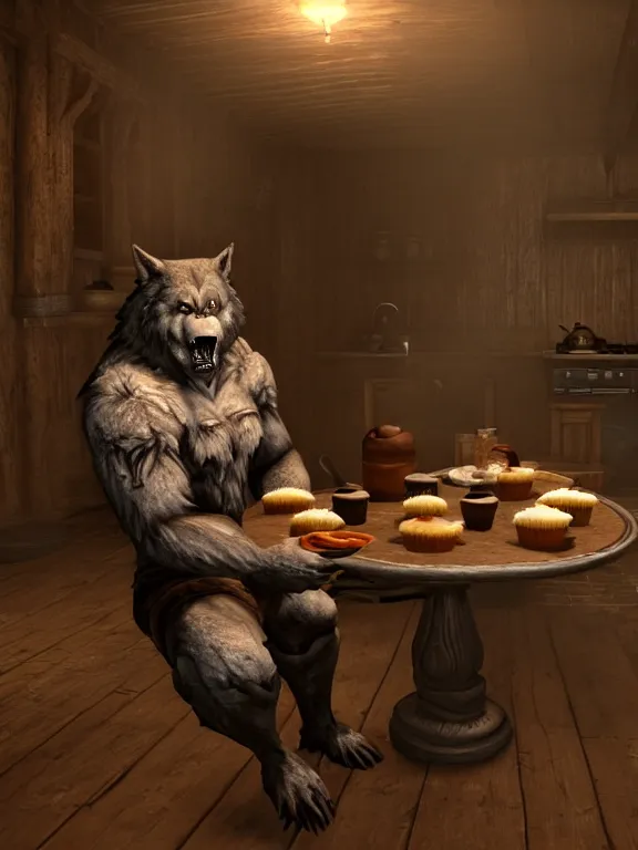 Image similar to cute handsome cuddly burly surly relaxed calm timid werewolf from van helsing sitting down at the breakfast table in the kitchen of a normal suburban home having fun baking cupcakes with orange frosting unreal engine hyperreallistic render 8k character concept art masterpiece screenshot from the video game the Elder Scrolls V: Skyrim