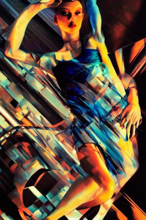 Image similar to wideangle portrait, a wild beautiful ballet dancer tangled in tensor fields, madness, decoherence, synthwave, glitch!!, fractured reality, vortex, realistic, hyperdetailed, concept art, art by syd mead, cubism