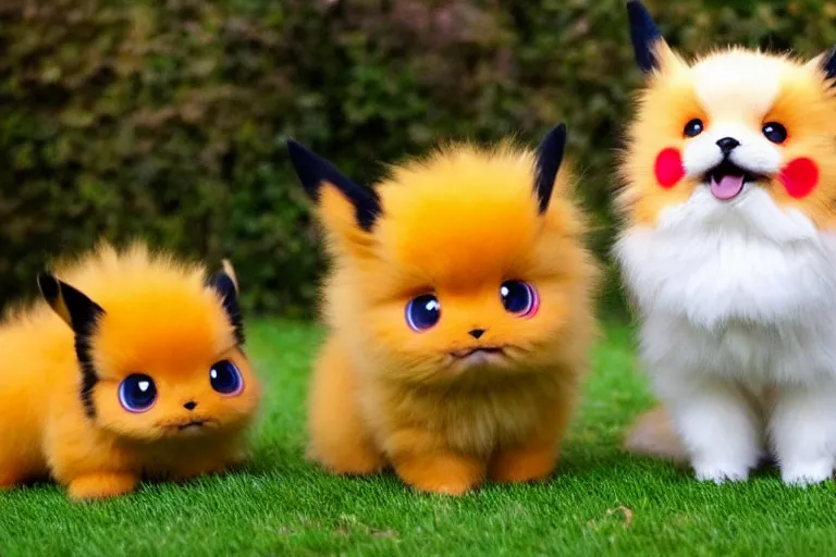 Image similar to real life pokemons, cute!!!, content!!!, mischievous!!!, adorable!!!, little furballs, fluffy!!!, ultra realistic!!!, golden hour, sharp focus