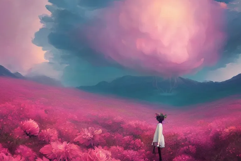 Image similar to giant dahlia flower crown under head, girl walking on mountain, surreal photography, pink storm clouds, dramatic light, impressionist painting, digital painting, artstation, simon stalenhag