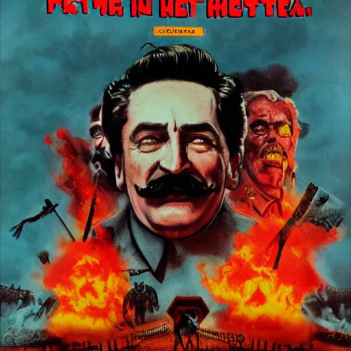 Image similar to poster for blockbuster, stalin in hell, scary art in color, art in 4 k