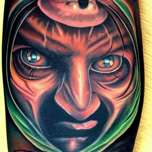 Prompt: andy richter, glowing eyes, by john reuss, tattoo,
