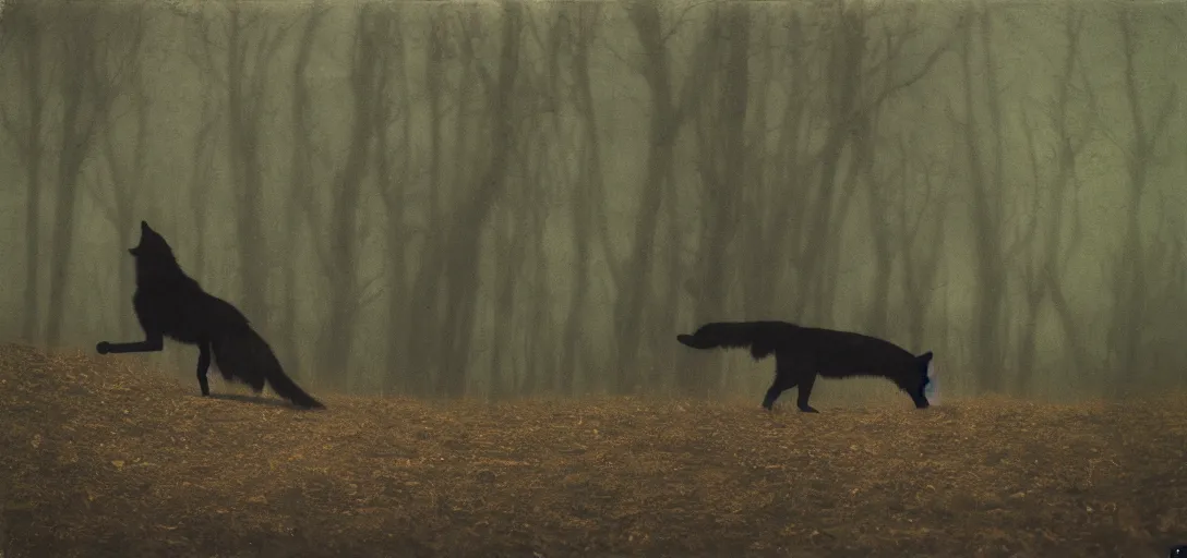 Prompt: wood, black wolf guarding, by arkhip kuindzhi, pinhole analogue photo quality, blur, unfocus, cinematic, 3 5 mm