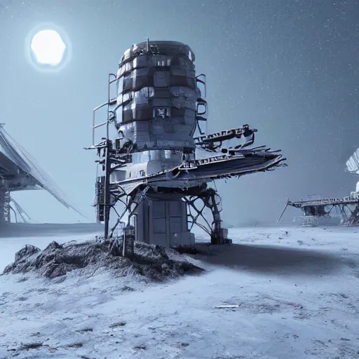 Image similar to an abandoned outpost in a blizzard on the moon europa, intricate artwork by tooth wu and wlop and beeple, octane render, hyper realism, 8 k