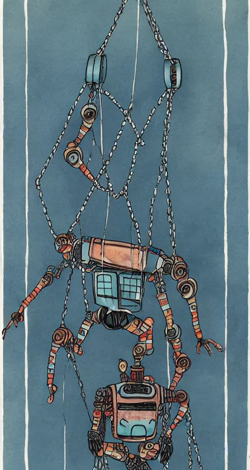 Prompt: a robot hanging by chains upside down peacefully, beautiful Coloured Japanese ink painting inspired by the hanged man tarot card, sharp lines