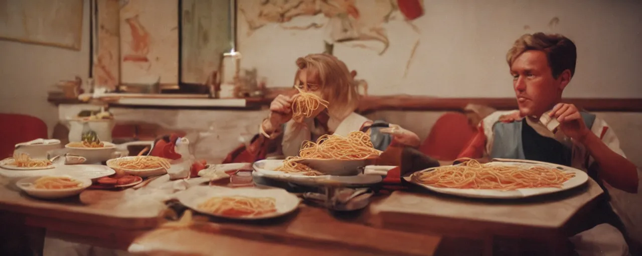 Image similar to eating spaghetti alone in front of the tv, modern era, canon 5 0 mm, kodachrome, in the style of wes anderson