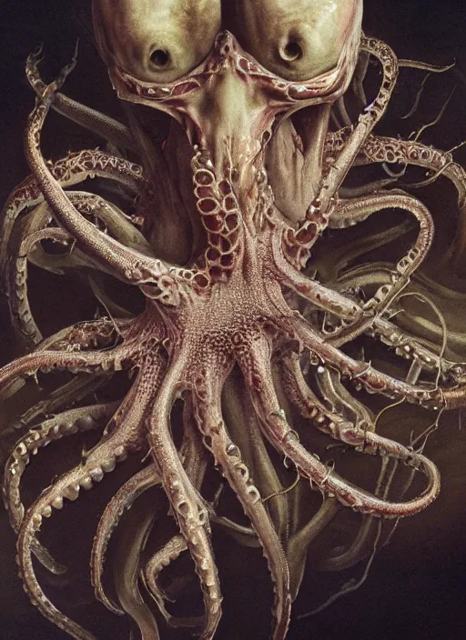 Image similar to magic octopus with translucent skin, visible muscles and veins and arteries and bones and spines and nerves, beautiful detailed intricate insanely detailed octane render, 8k artistic photography, photorealistic, chiaroscuro, by David Cronenberg, Raphael, Caravaggio