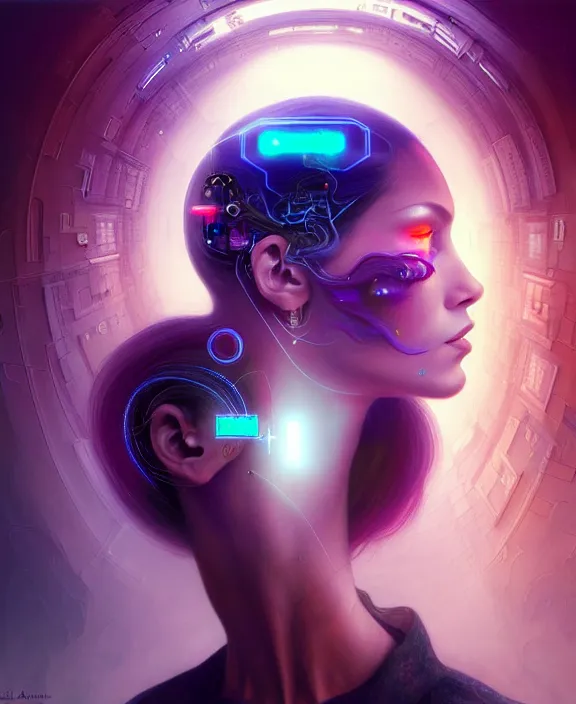 Image similar to a whirlwind of souls rushing inside the metaverse, hologram, half body, neurochip, shaved temple, piercing, jewelry, android, cyborg, cyberpunk face, by loish, d & d, fantasy, intricate, elegant, highly detailed, colorful, digital painting, artstation, concept art, art by artgerm and greg rutkowski and alphonse mucha