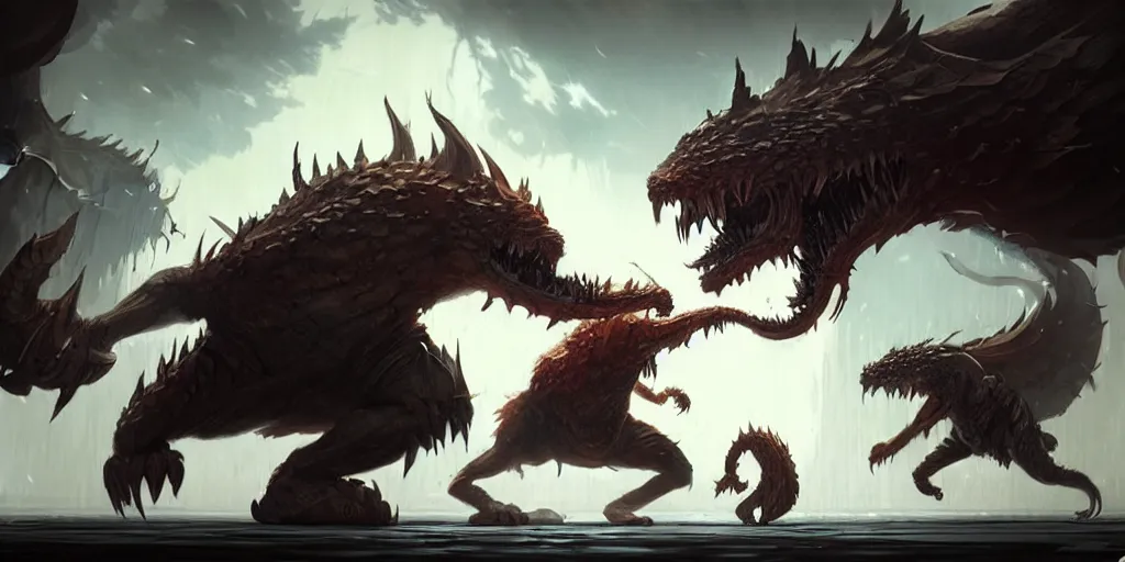 Prompt: hyper realistic fantasy monster fight scene, concept art, by greg rutkowski