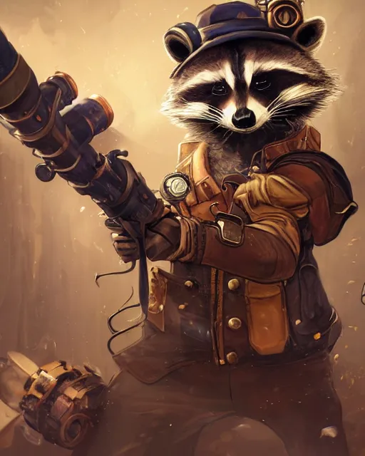 Image similar to Raccoon, Anthropomorphized, holding rocket launcher, Golden Steampunk city atmosphere, magic the gathering artwork, D&D, fantasy, cinematic lighting, centered, symmetrical, highly detailed, digital painting, artstation, concept art, smooth, sharp focus, illustration, volumetric lighting, epic Composition, 8k, art by Akihiko Yoshida and Greg Rutkowski and Craig Mullins, heroic pose, oil painting, cgsociety,