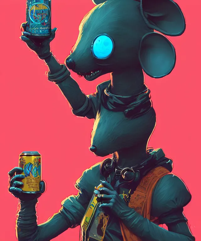 Image similar to a portrait of an anthropomorphic cyberpunk mouse holding a can of beer, cyberpunk!, fantasy, elegant, digital painting, artstation, concept art, matte, sharp focus, illustration, art by josan gonzalez