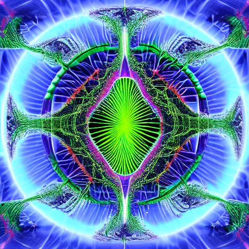 Prompt: surreal fractal image of the nuclear of an atom orbited by electrons