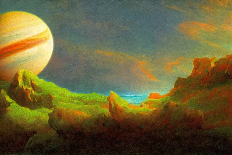 Prompt: jupiter landscape in the style of dr. seuss, starships, painting by albert bierstadt