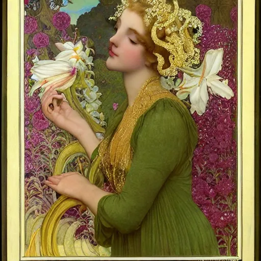 Image similar to beautiful blonde young woman wearing an elaborate jeweled headdress with lilies portrait by frank cadogan cowper, maxfield parrish, william morris, edmund dulac, and alphonse mucha, beautiful refined detailed dreamscape