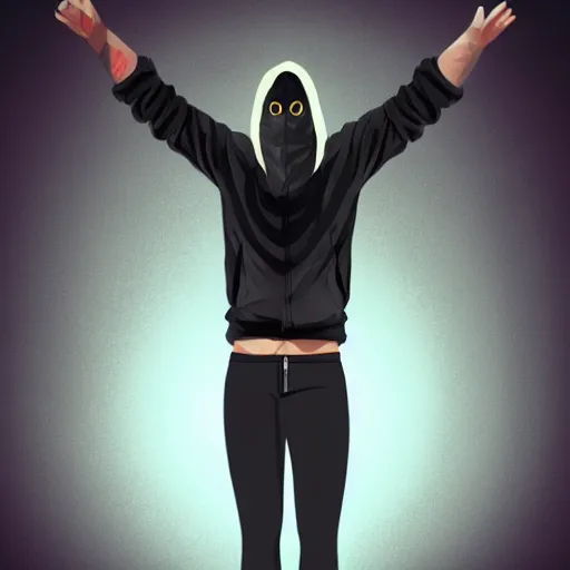 Prompt: hearthstone art of a hacker wearing a ski mask with two arms, two legs, black sweatshirt, black pants, by grey walls and grey lighting.