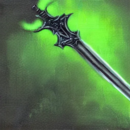 Image similar to Oil painting concept art of a magical acid sword glowing bright green, very intricate hilt, green color scheme, highly detailed concept art.