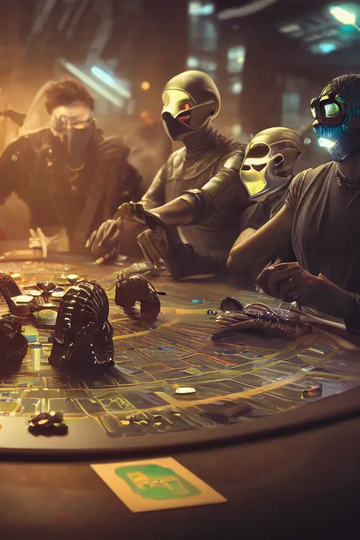 Prompt: closeup, of one futuristic sci-fi Twenty sided dice, in the background are players at a table that are in high tech still suites, with masks, bokeh, sharp focus, intricate concept art, highly detailed, 8k, cinematic, sharp focus