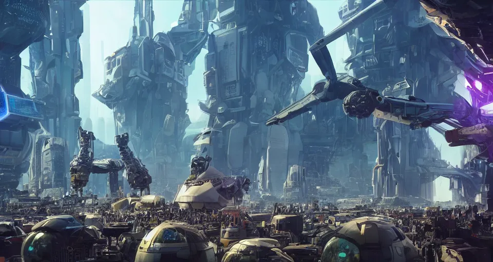 Image similar to a photo of an enormous mech towering over a crowd of astronauts in a futuristic city in the background, ultra realistic, hyper - detailed, unreal engine, raytraced lighting, colorful accents