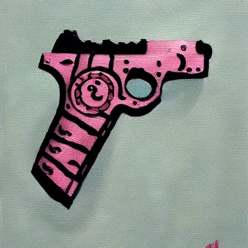 Prompt: lovecraftian pistol, light pink, Japanese style, cute, oil painting
