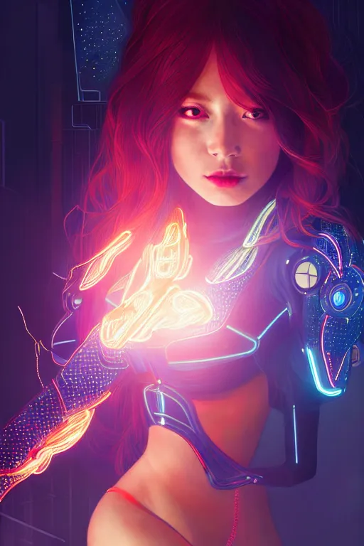 Image similar to portrait futuristic superheroine Girl with fire and sparkles, in future cyberpunk tokyo rooftop , ssci-fi, fantasy, intricate, very very beautiful, elegant, human anatomy, human structure, neon light, highly detailed, digital painting, artstation, concept art, smooth, sharp focus, illustration, art by tian zi and WLOP and alphonse mucha