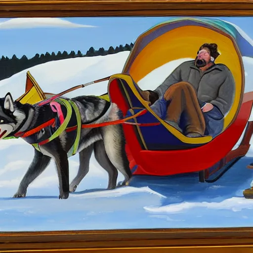 Image similar to Painting of a sled with a man on it being towed by huskies in the style of Ted Harrison, 8K