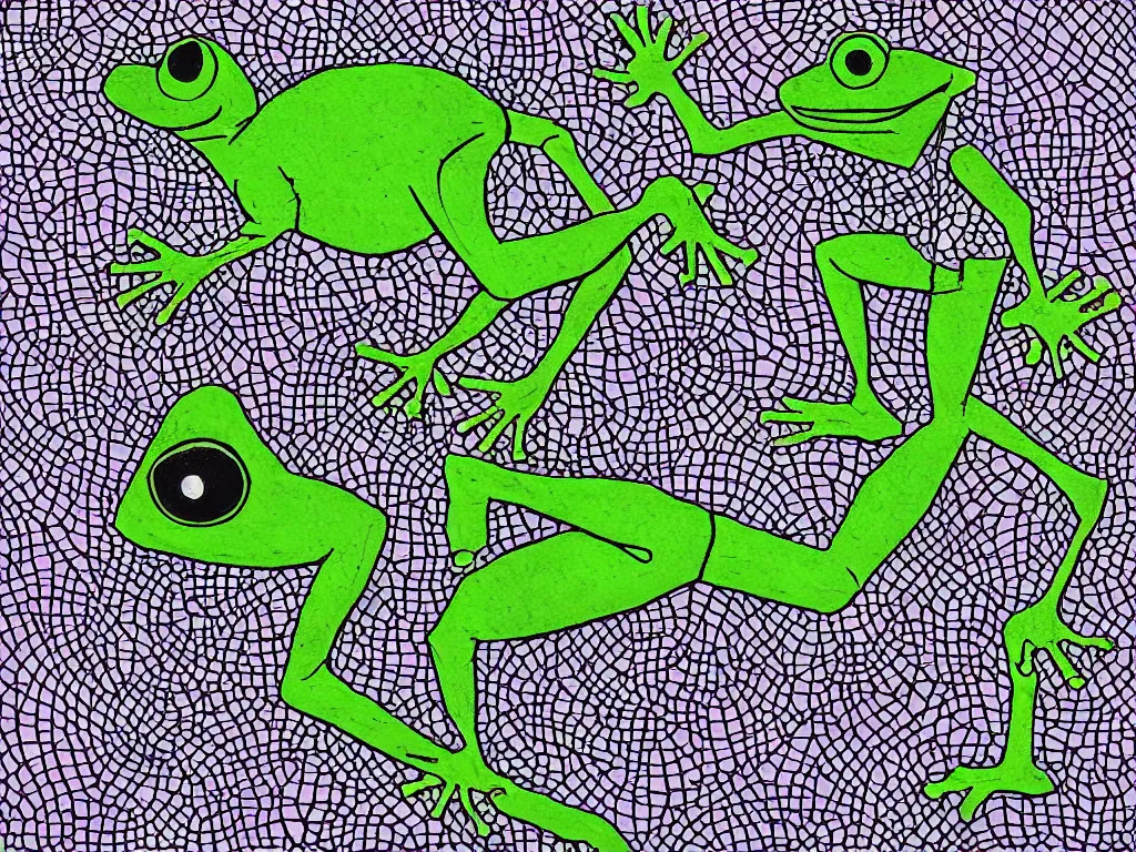 Prompt: pepe the frog walking on hyper-dimensional impossible geometric object, high detail, highly abstract, vivid colors, a little bit touch of M. C. Escher