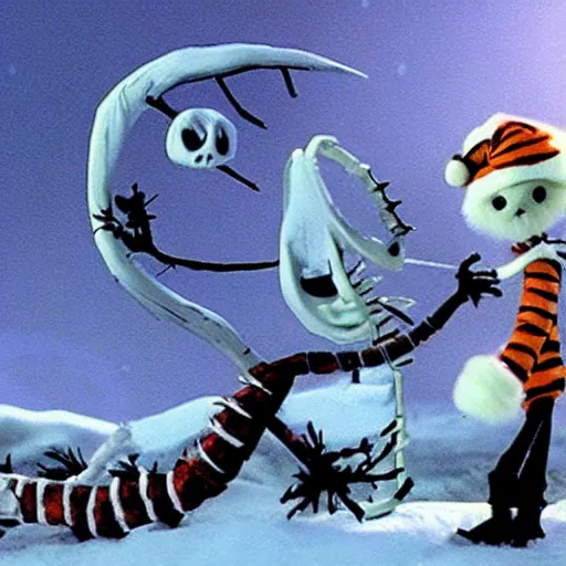 Prompt: a still of calvin and hobbes in nightmare before chrismas