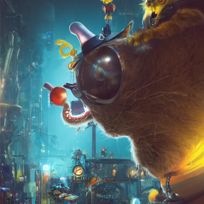 Image similar to complex 3 d render, hyper detailed, ultra sharp, robot cat in the hat, scary, neon, cinematic, steampunk, natural soft light, rim light, octane render, artstation, art by artgerm and greg rutkowski and alberto seveso, dr seuss