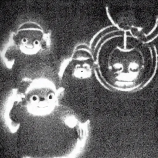 Image similar to A grainy surveillance photo of a cult of Teletubbies sacrificing a brine shrimp to Odin, the Norse god.