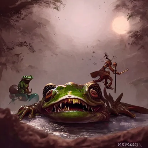 Image similar to Crazy goblin rides on a giant frog, by greg rutkowski, in the style of magic the gathering, very detailed