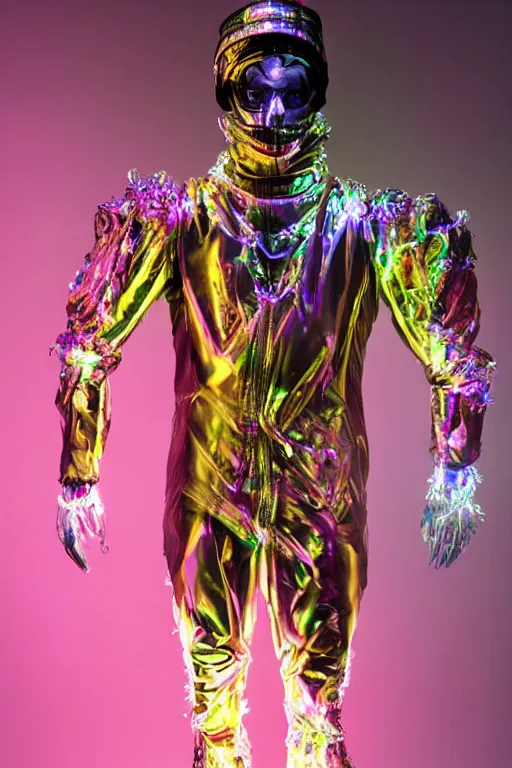 Prompt: full-body baroque and cyberpunk glass sculpture of attractive muscular iridescent Nick Jonas as a humanoid deity wearing a thin see-through plastic hooded cloak sim roupa, posing like a superhero, glowing pink face, crown of white lasers, large diamonds, swirling black silk fabric. futuristic elements. oozing glowing liquid, full-length view. space robots. human skulls. throne made of bones, intricate artwork by caravaggio. Trending on artstation, octane render, cinematic lighting from the right, hyper realism, octane render, 8k, depth of field, 3D