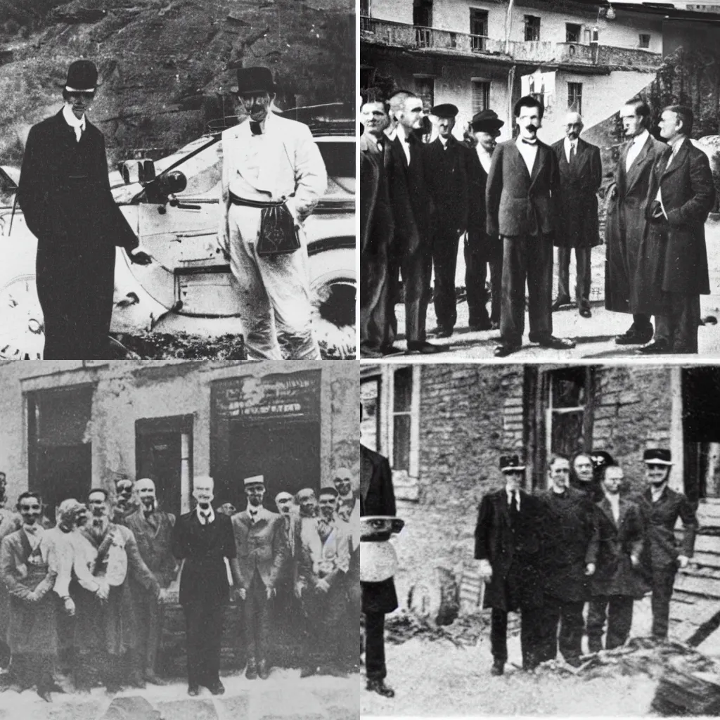 Prompt: A vintage photograph of Nikola Tesla visiting Bosnia. Black and White.