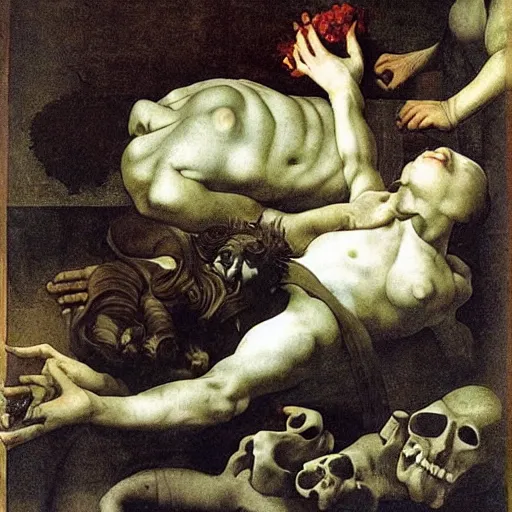 Prompt: the eyeless see all, by Caravaggio, by Michelangelo, by M.C. Escher, very detailed and colorful, beautiful, eerie, surreal, psychedelic