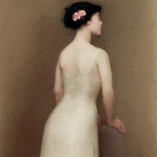 Image similar to asian girl with long hair, back view, wedding dress, by ramon casas