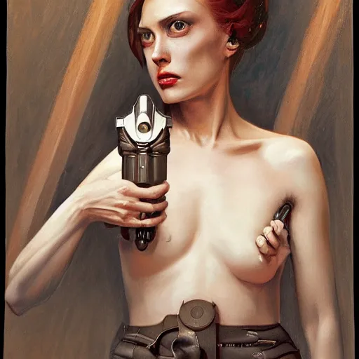 Prompt: portrait of a woman with a shotgun prosthetic, by gerald brom