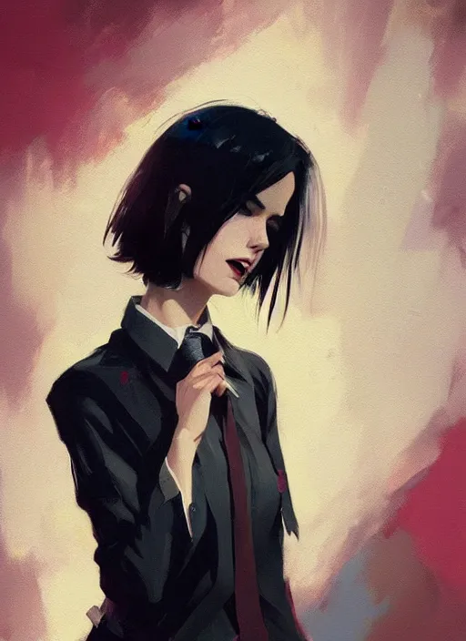 Image similar to a ultradetailed beautiful panting of a stylish woman wearing a shirt with a tie, she has black hair, distressed, background explosion, by ashley wood, ilya kuvshinov, greg rutkowski on artstation