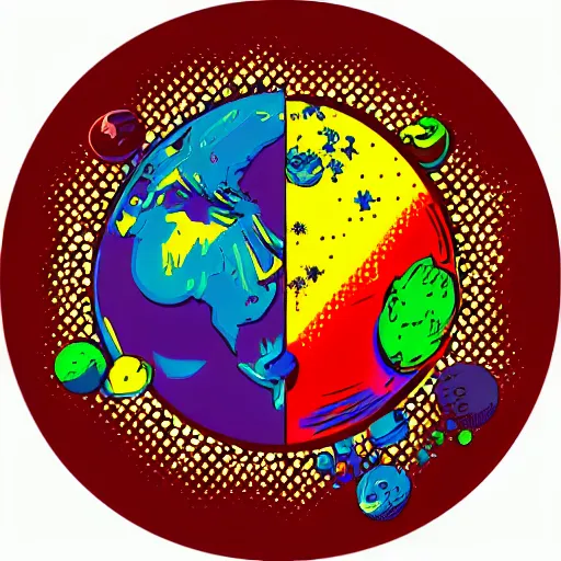 Image similar to 2 planet collapse particle fusion element macro cosmic art by butcher billy, sticker, colorful, illustration, highly detailed, simple, smooth and clean vector curves, no jagged lines, vector art, smooth andy warhol style