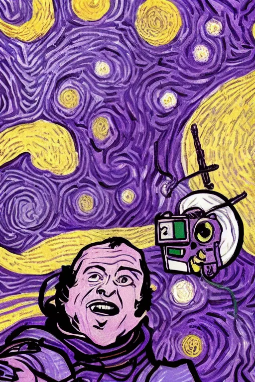 Image similar to selfie laughing purple space racoon by van Gogh style