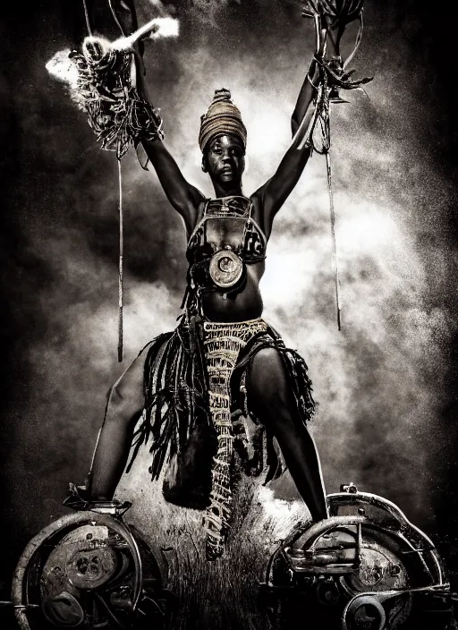 Image similar to old vintage photo of African ancient shaman female on the complex steam punk hooverboard with Jet engine, extreme sports photography , dynamic photography,clean symmetrical face, high speed,dirt and grawel flying in the spot, lens flares, dust in the air, dramatic lighting, intricate, highly detailed, centered, smooth, sharp focus, sports photography, old photo, black and white, sepia, cinematic lighting, cinematic angle, national geographic